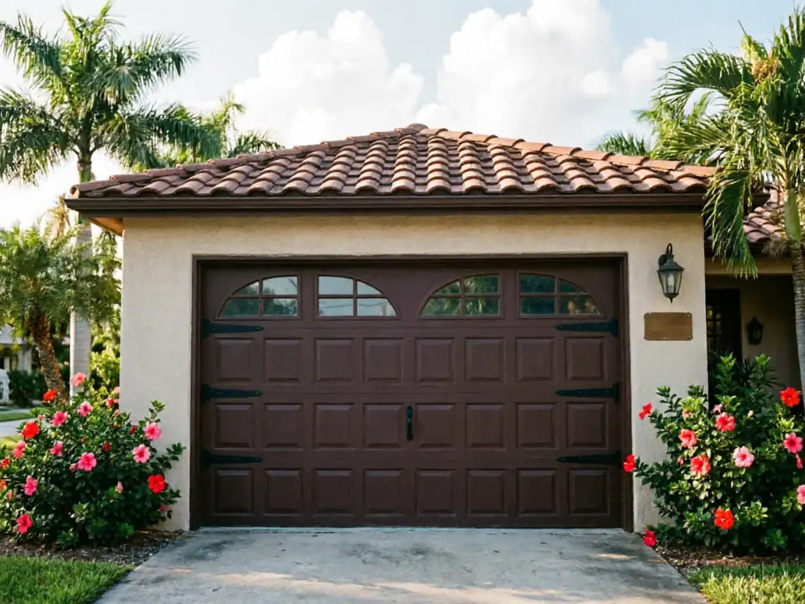 A brown garage door with arched windows is on a stucco house with a tile roof.