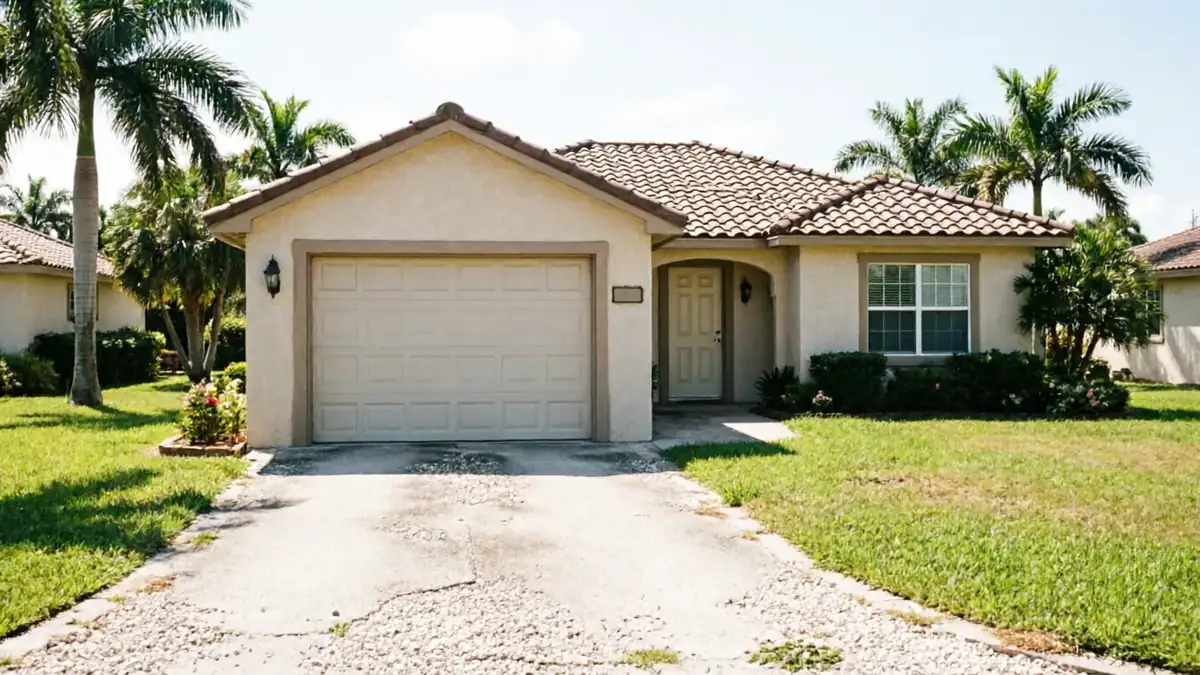 A beige house with a tan garage door, a brown tile roof, and palm trees.