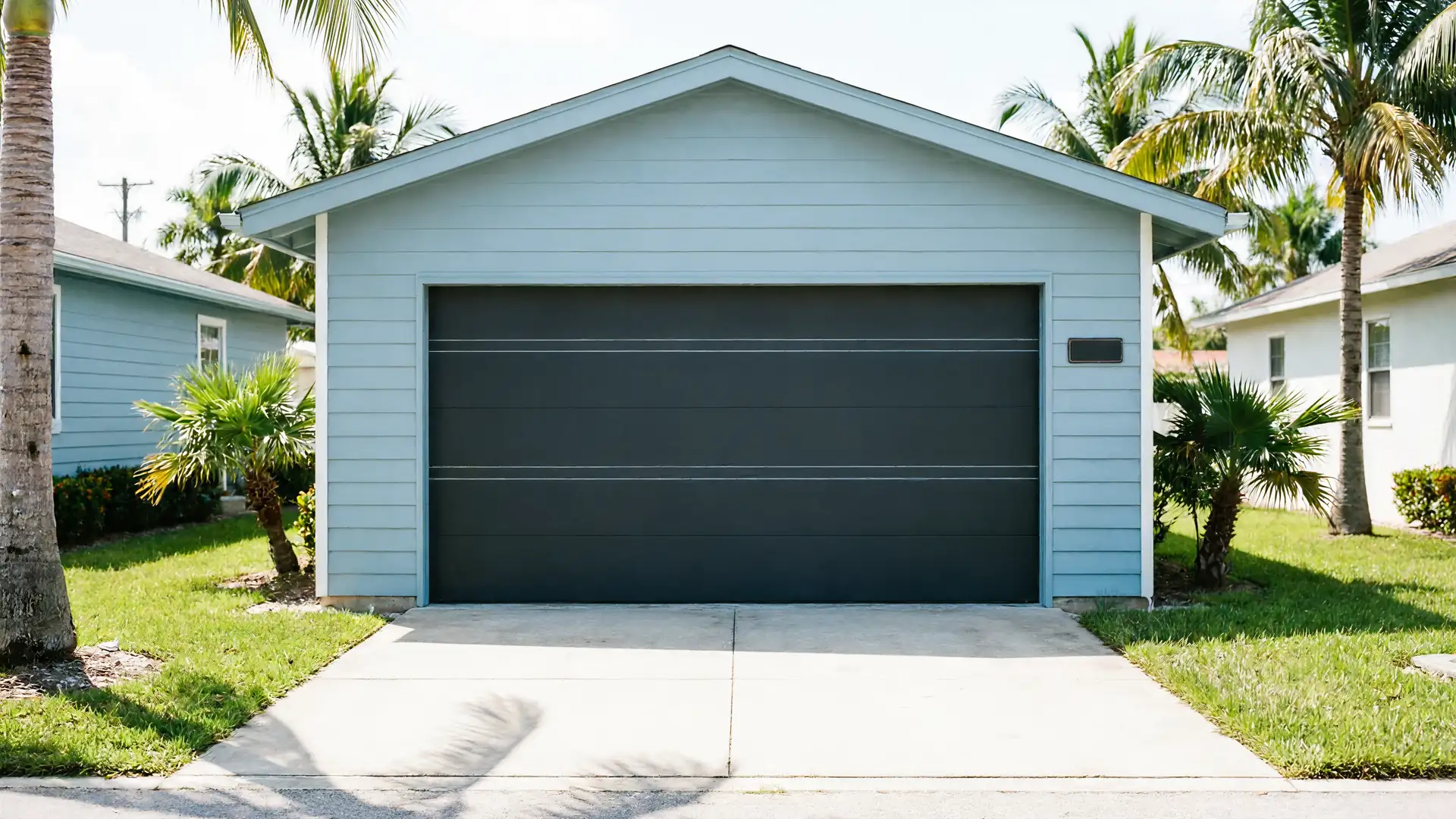 A light blue garage with a dark gray garage door and a concrete driveway.
