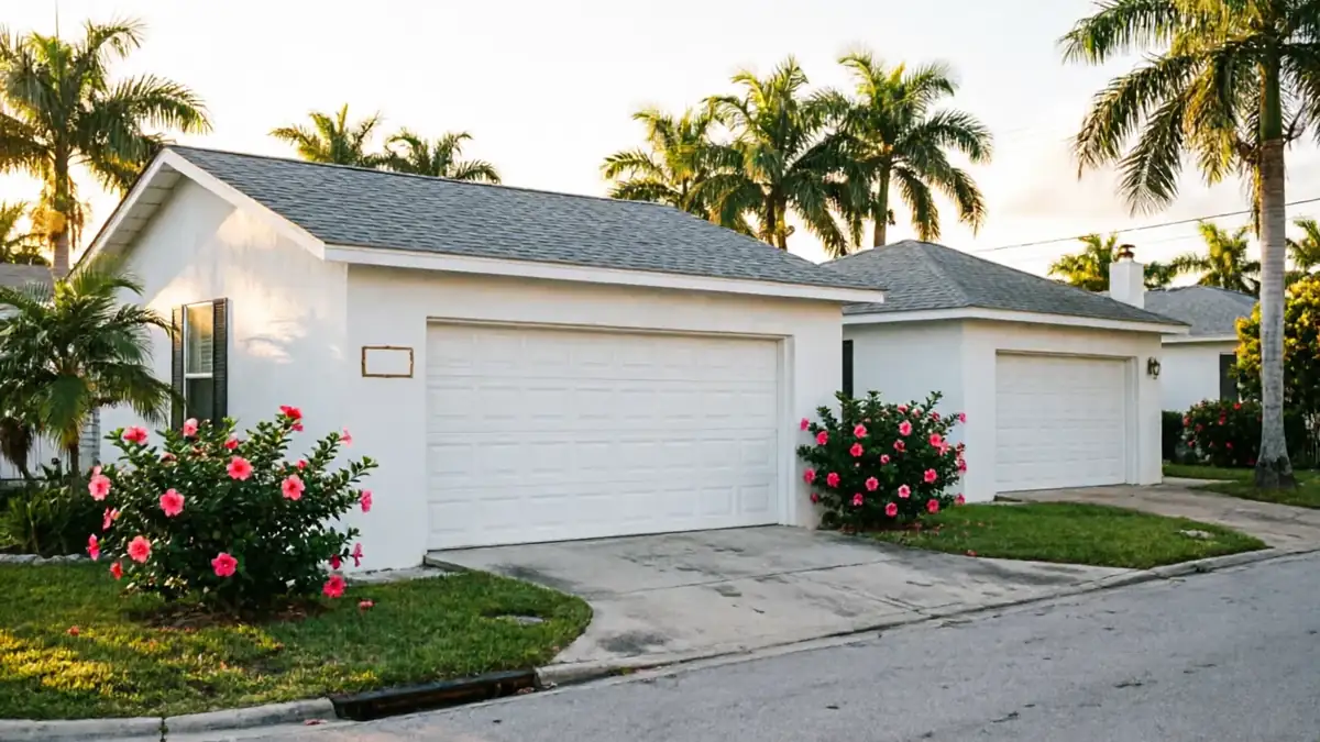 Two white houses with white garage doors and pink flowers are visible.