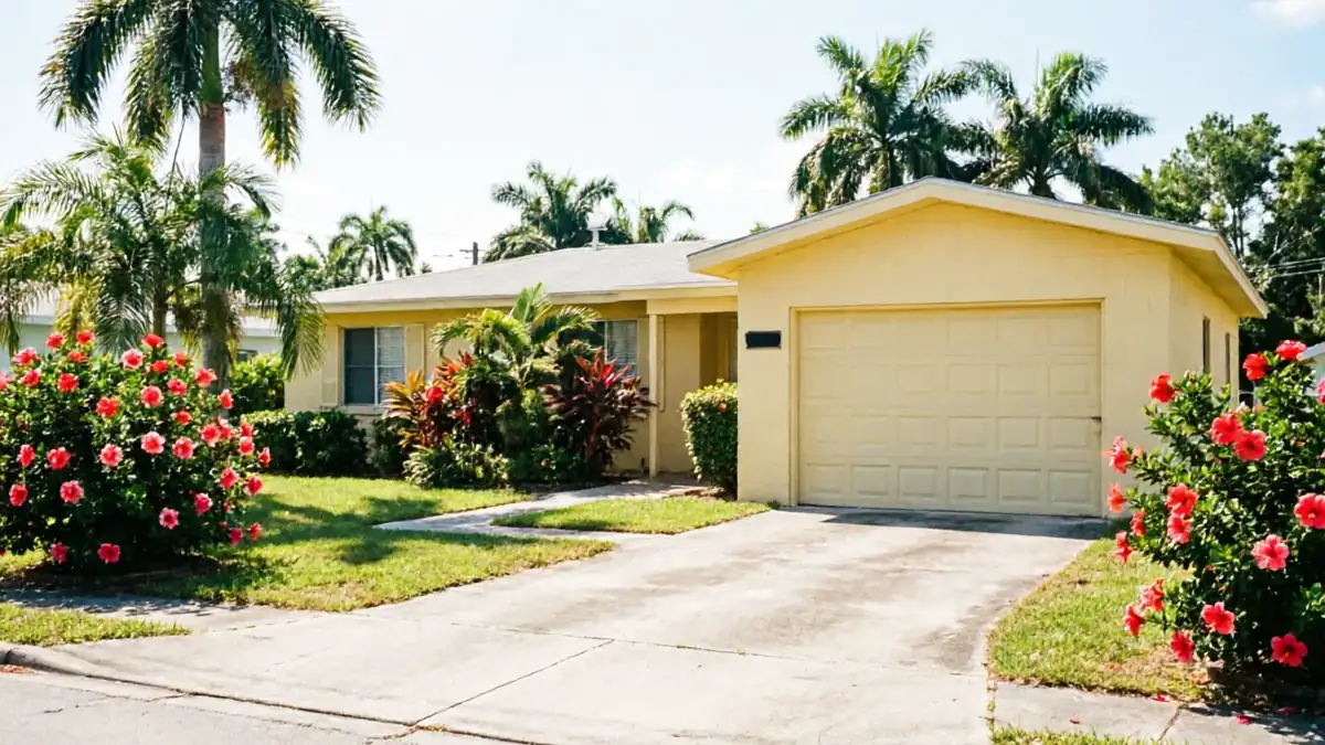 A yellow house with a closed garage door and palm trees in the yard.