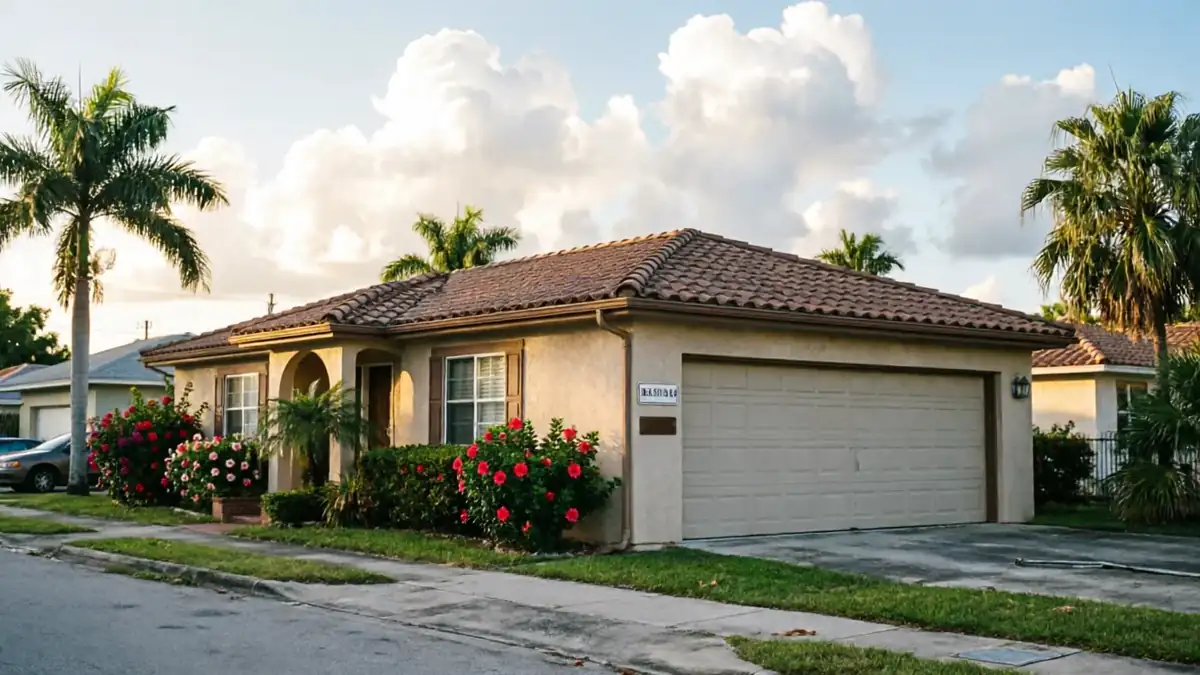A beige house with a brown garage door and a tiled roof.