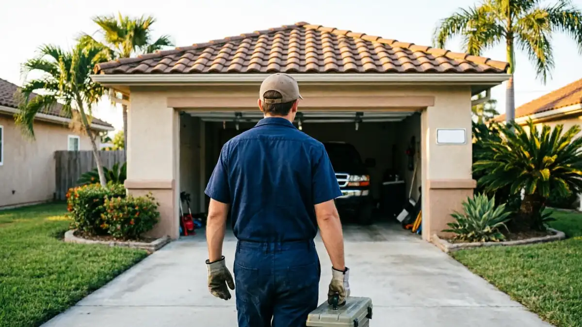 A technician in a blue uniform and work gloves carries a toolbox toward an open garage.