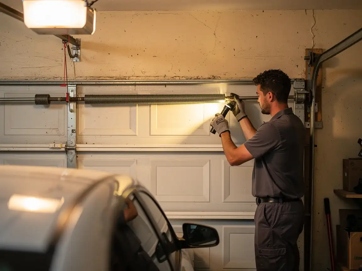 A technician inspects a garage door torsion spring with a flashlight.