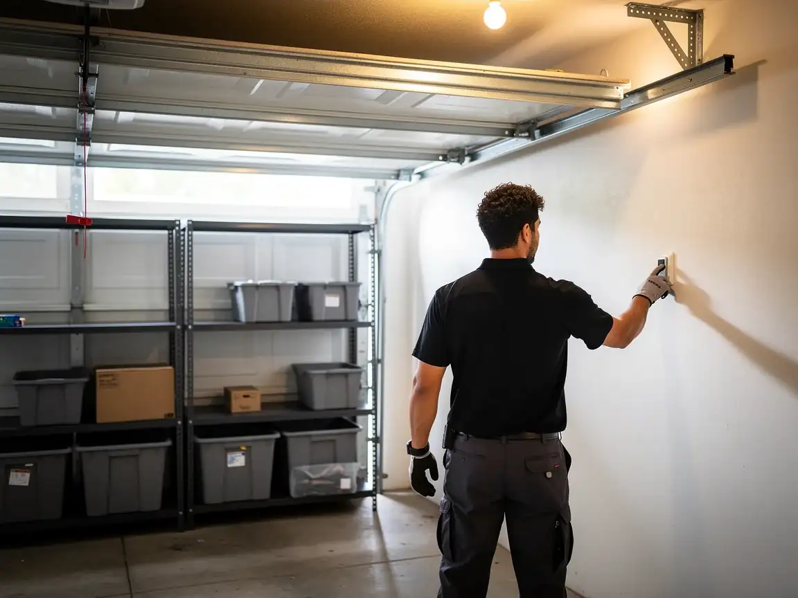 A technician in a black shirt and gloves adjusts a white wall control.