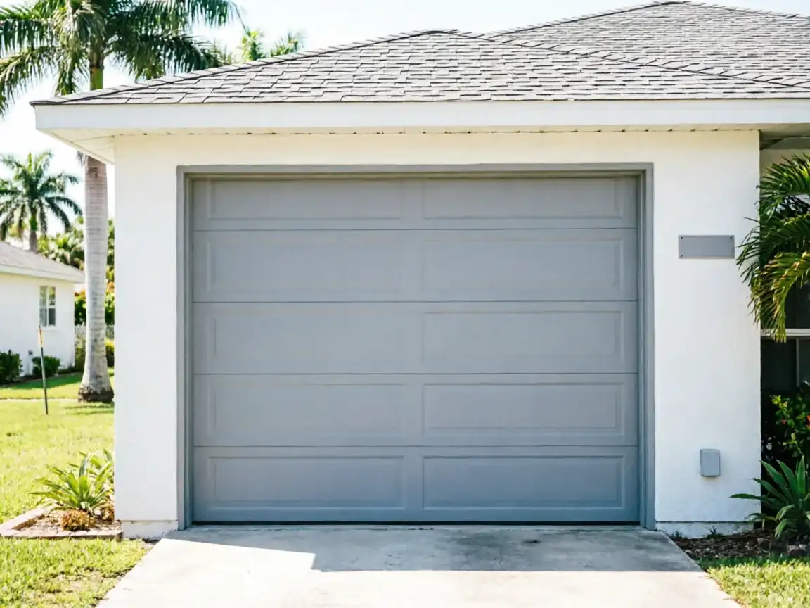 A gray garage door is on a white house with a gray roof.