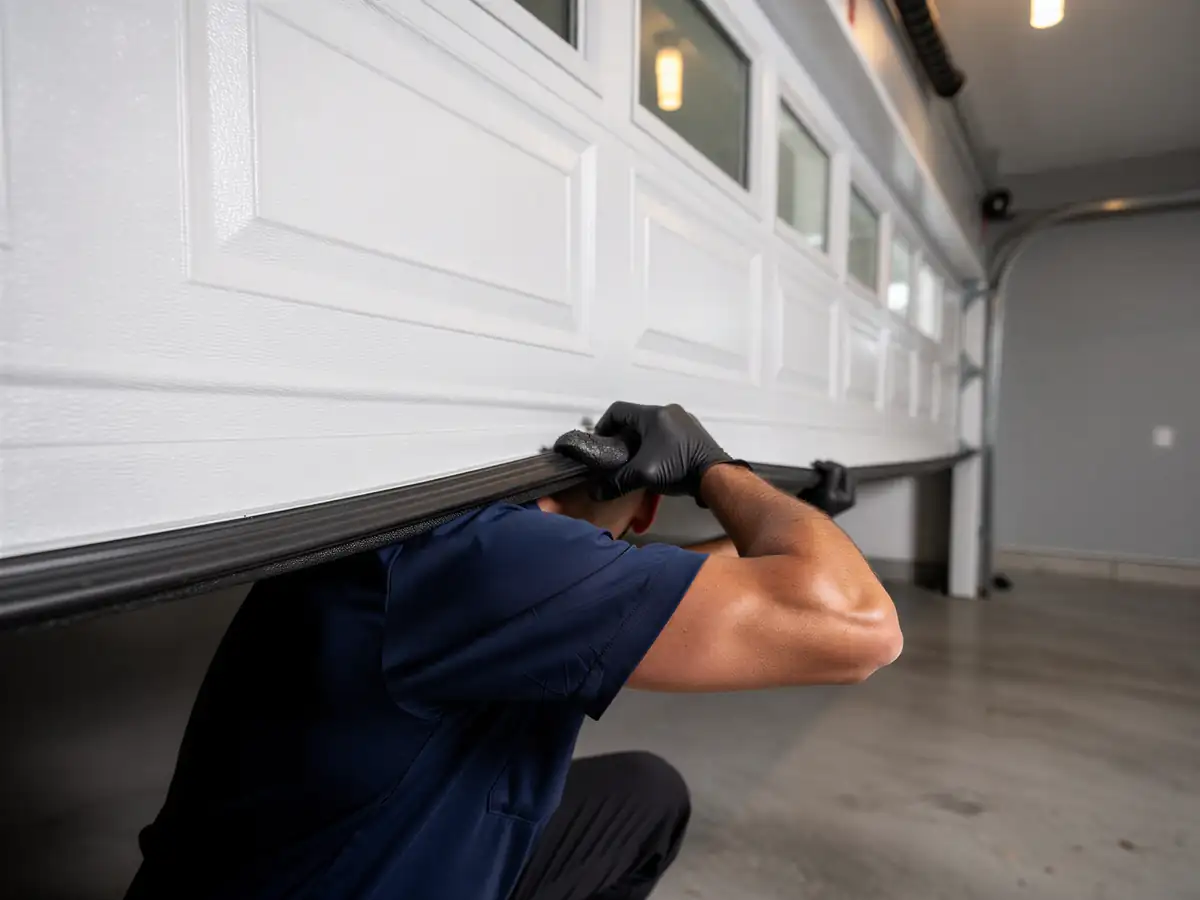 A technician in black gloves works on the bottom seal of a white garage door.