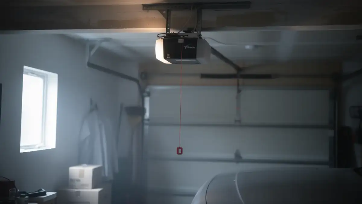 A garage door opener hangs from the ceiling with a red emergency release cord.